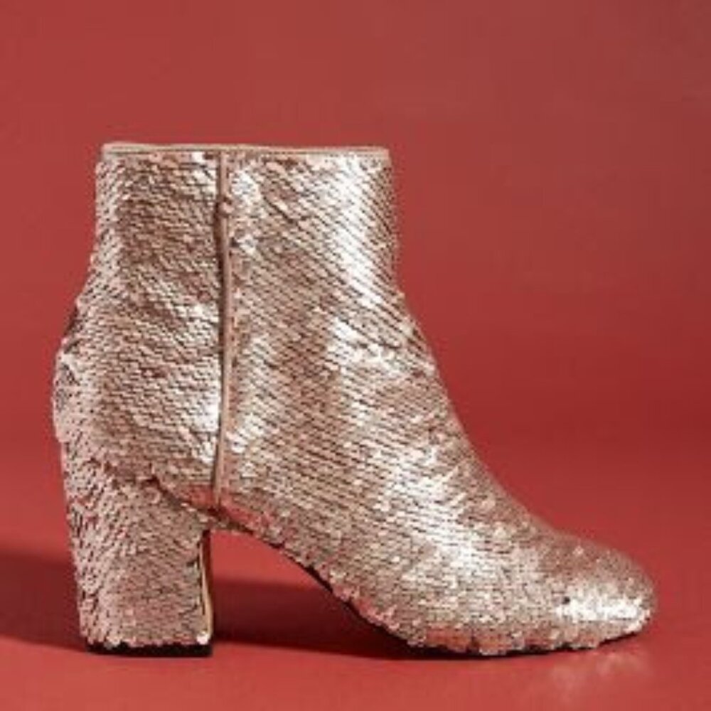 Anthropologie Rose Gold Sequin Block Heel Ankle Boots